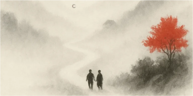 Two figures heading towards a misty home in the mountains.