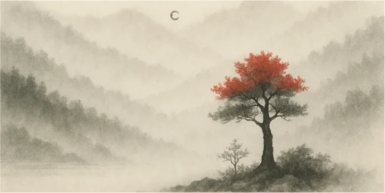 A large wizened tree sheltring a small sapling.