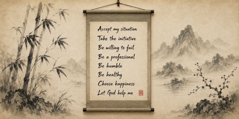 Sumi-e style scroll displaying eight principles of persistence against a bamboo and mountain landscape.